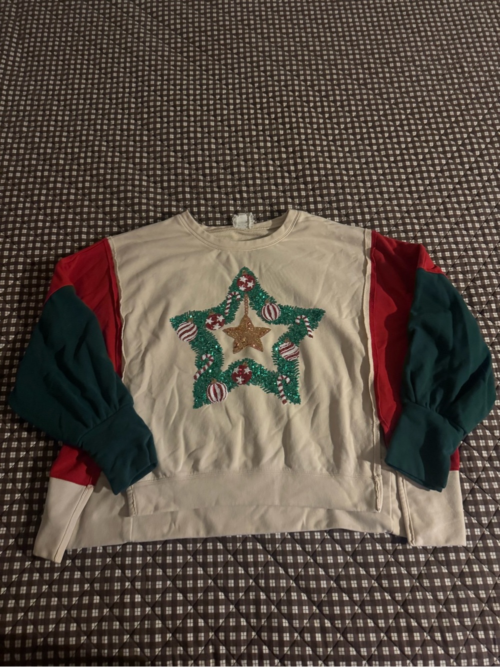 Fantastic Fawn Ivory Pullover Sweater with Red and Green Sleeves